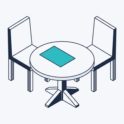 Isometric illustration of two chairs facing each other across a round table with a single document on it.