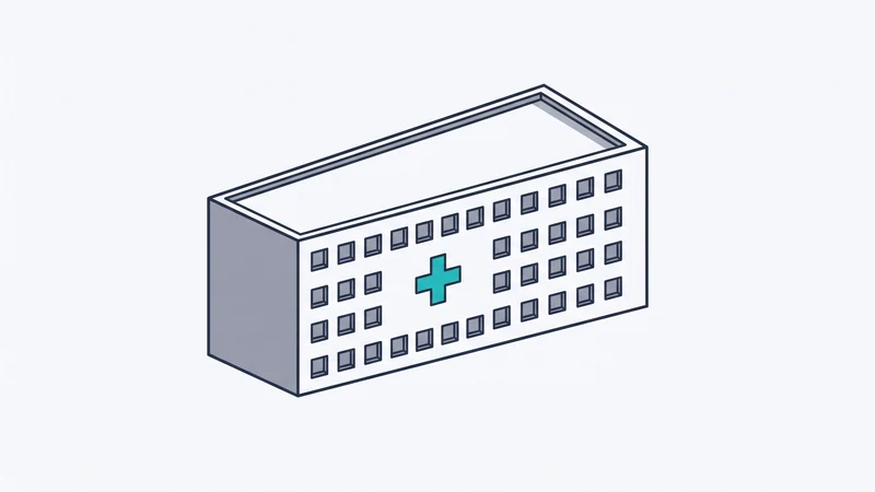 Isometric illustration of a flat-roofed hospital block with a highlighted cross emblem on its facade.