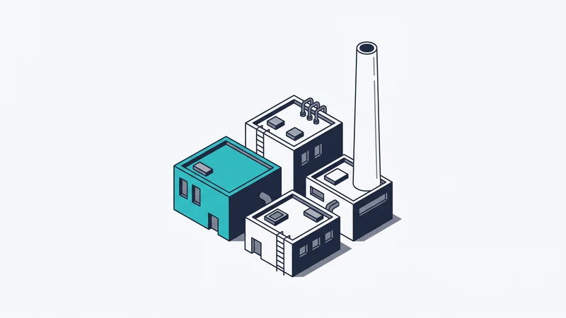 Isometric illustration of an industrial complex of simple boxes and a chimney, one building highlighted.
