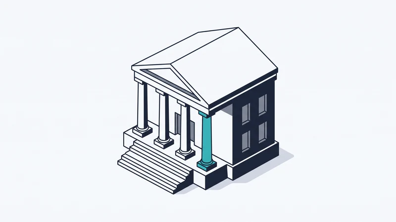 Isometric illustration of a civic building with columns and a low stair, one column highlighted.