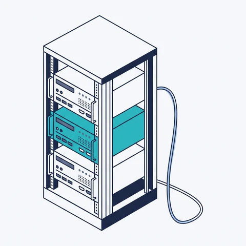 Isometric illustration of a server rack with one highlighted unit and a single cable running out of it.