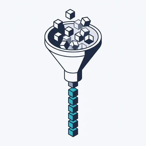 Isometric illustration of scattered cubes passing through a funnel into a single ordered column.